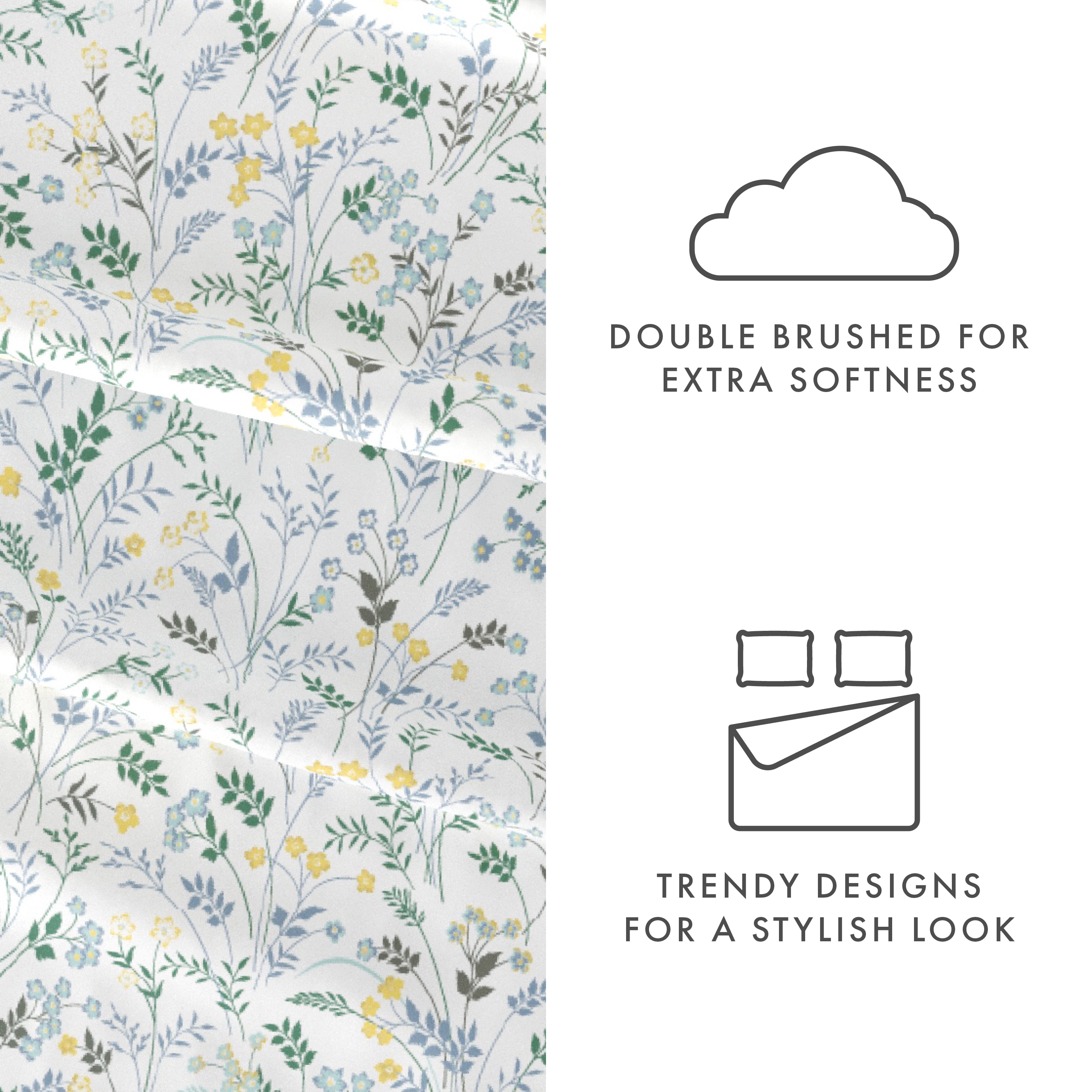 Noble Linens 4 Piece Pattern Microfiber Bed Sheets Set, Light Blue Wildflower, California King