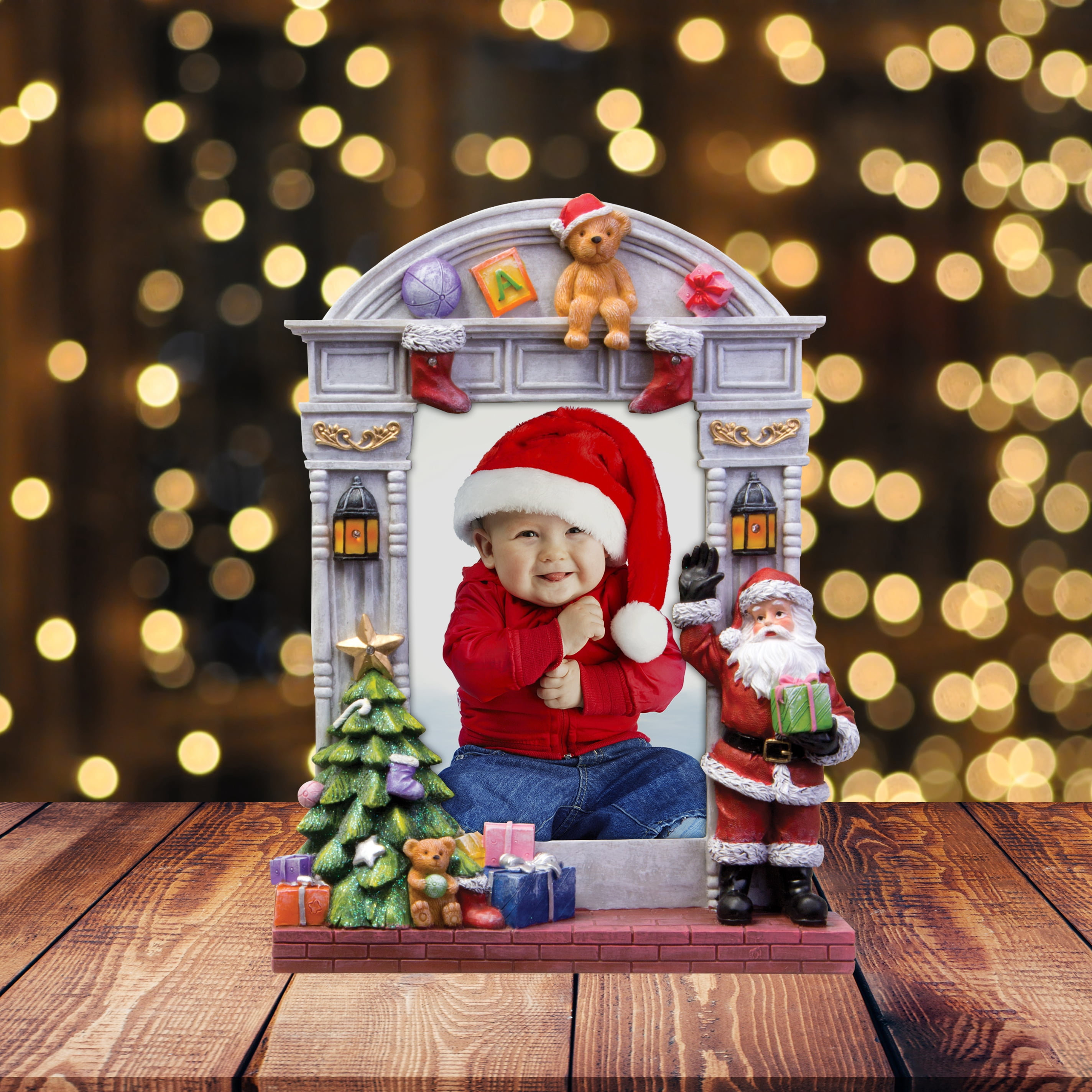 FINE PHOTO GIFTS 4" x 6" Light Up Christmas Resin Picture Frame w/Santa Claus and Christmas Tree