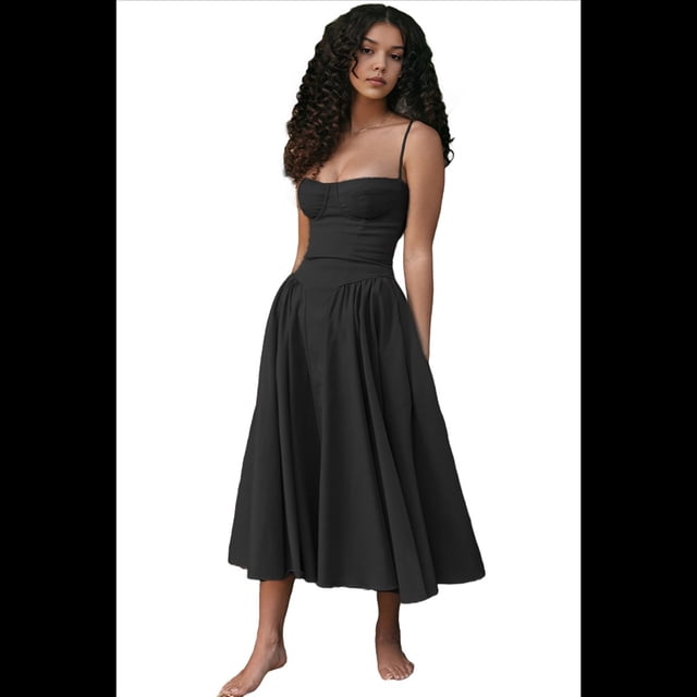 Vestido de Verano 2025 para Mujer, Estilo Bohemio, con Tirantes Finos y Corte Entallado, para Playa. Negro S