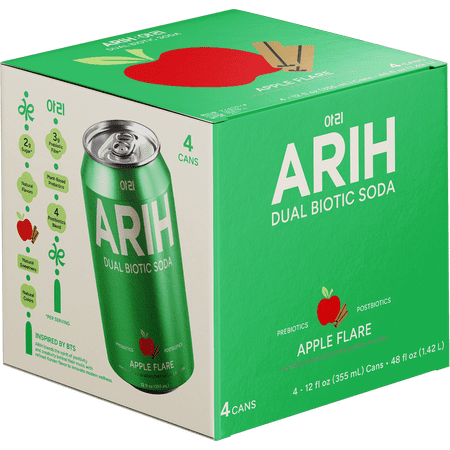 ARIH Dual Biotic Soda, Functional Prebiotic and Postbiotic Soda, Low Sugar, Apple Flare, 12 fl oz, 4 Pack