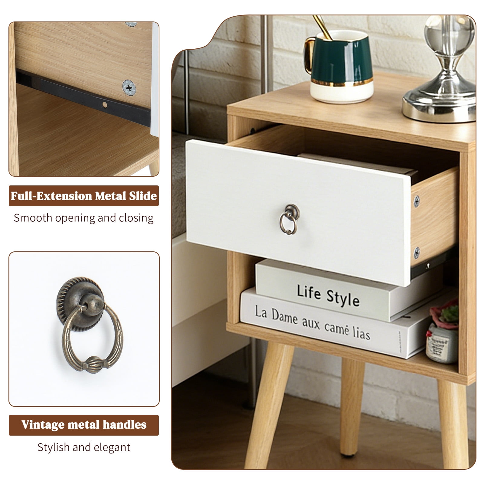 Ktaxon Wooden Night Stand Side End Table Storage Shelf with One Drawer Night Stand Sets of 1, Oak