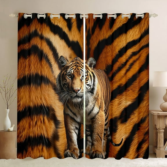 Manfei Teens 3D Tiger Black Out Curtains, Jungle Wildlife Animal Curtains Pack of 2 (42x63 Each), Orange Black Abstract Bedroom Curtains, Window Curtains Decor