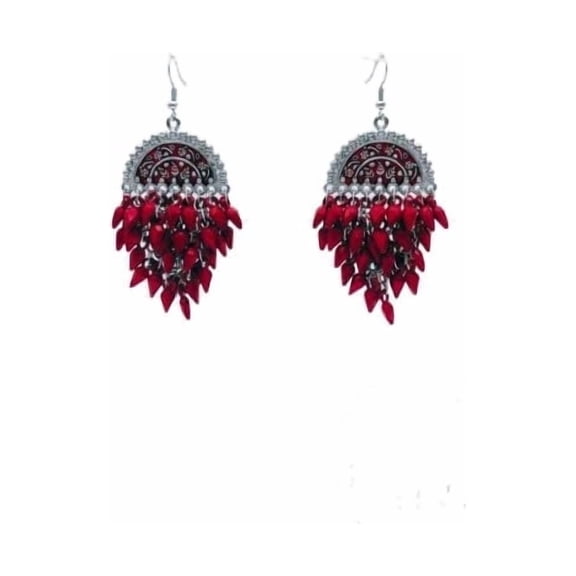 QRIXLOOM Pink Oxidized Silver Dangle Earrings for Women Traditional Boho Statement Earrings Metal Alloy Acrylic Beads