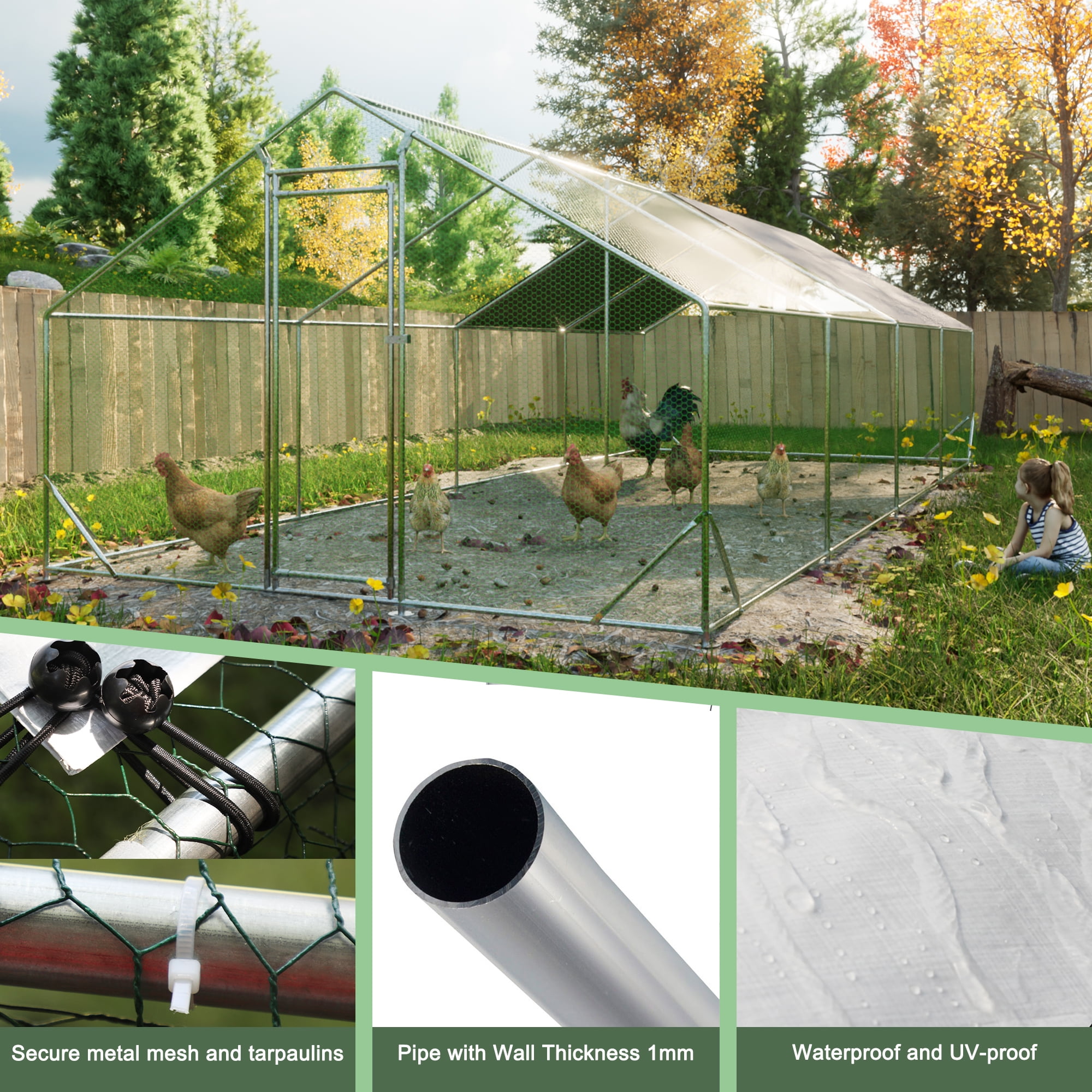 Pefilos 26' W Outdoor Large Chicken Coop, Walk-in Galvanized Mesh Chicken Run, Chicken Pen with Waterproof and Anti-UV Cover, Silver Pefilos 26' W Outdoor Large Chicken Coop, Walk-in Galvanized Mesh Chicken Run, Chicken Pen with Waterproof and Anti-UV Cover, Silver