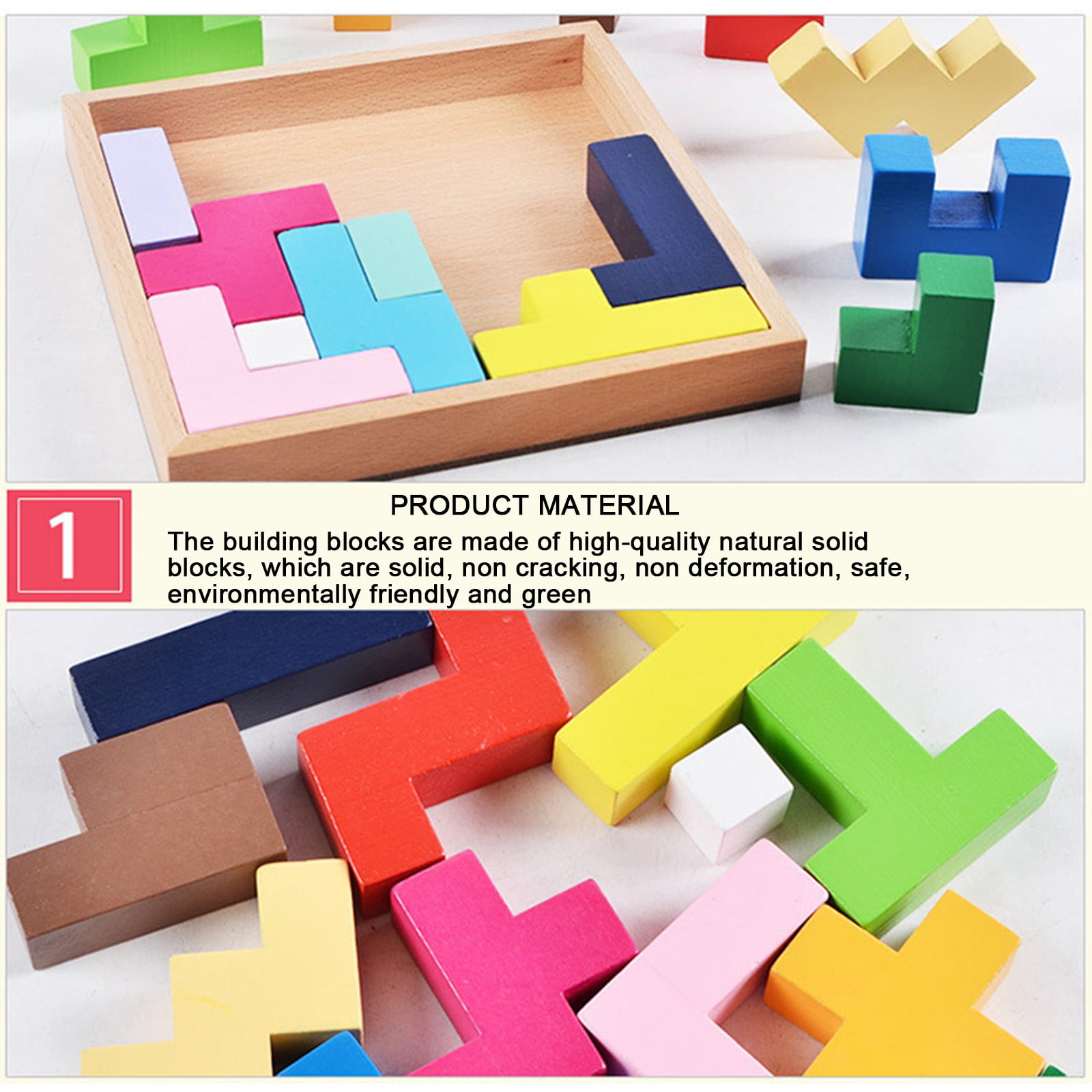 USATDD Wooden Tetris Puzzle Tangram Jigsaw Brain Teasers Toy Building Blocks  Game Colorful Wood Puzzles Box Educational Gift For Kids 40 Pcs 