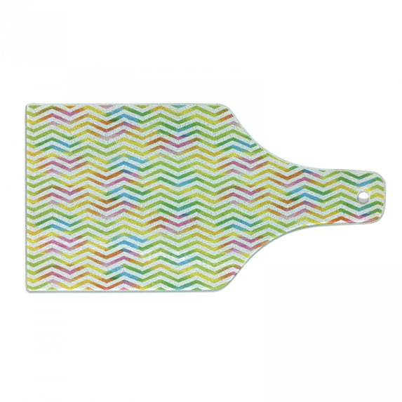 Chevron Cutting Board, Colorful Geometric Chevron Design with Grunge Properties Modern Graphic, Decorative Tempered Glass Cutting and Serving Board, Wine Bottle Shape, Multicolor, by Ambesonne