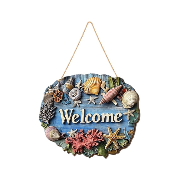 Miwamany Nautical Welcome Wooden Hanging Sign 2D Seashell Ornament for Beach Cottage Front Door Wall Indoor Outdoor Coastal Home Decor