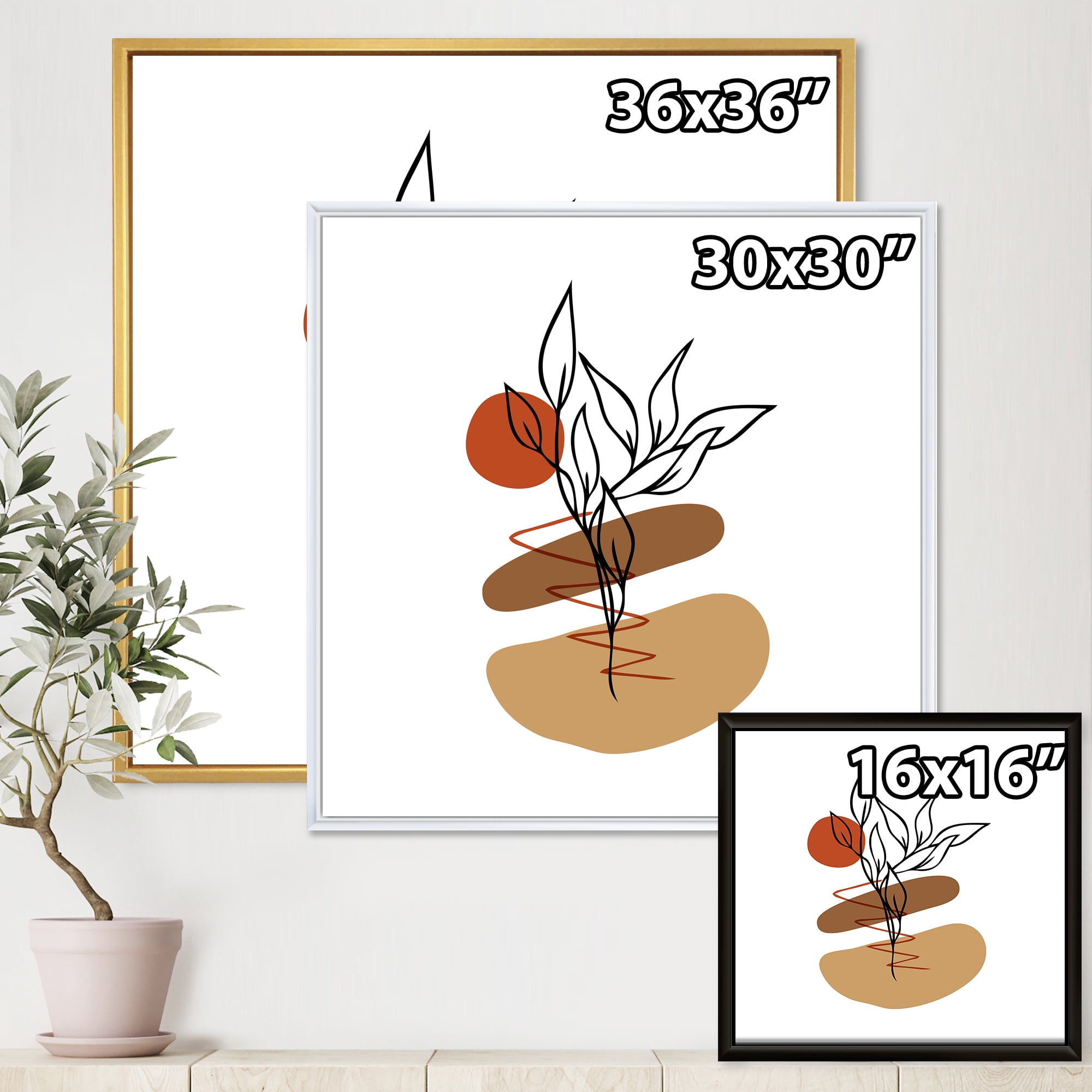Designart 'Abstract Flowers Plants With Elementary Shapes II' Modern Framed Canvas Wall Art Print