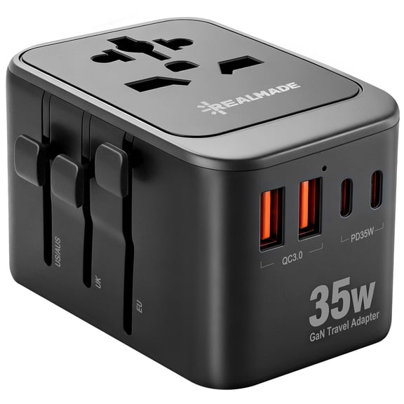 35W Universal Travel Adapter, 5-Port International Power Adapter with 2 USB-C & 2 USB-A, PD Fast Charging, Type A/C/G/I Plugs for 200 Countries, Compact Travel Charger, Black