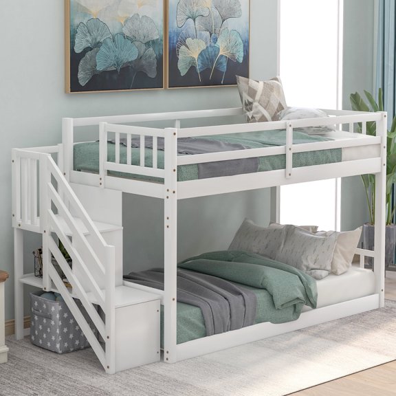 Harper & Bright Designs Twin Over Twin Bunk Bed Wood Floor Bunk Bed, Ladder with Storage for Living Room, Guest Room, Children Room