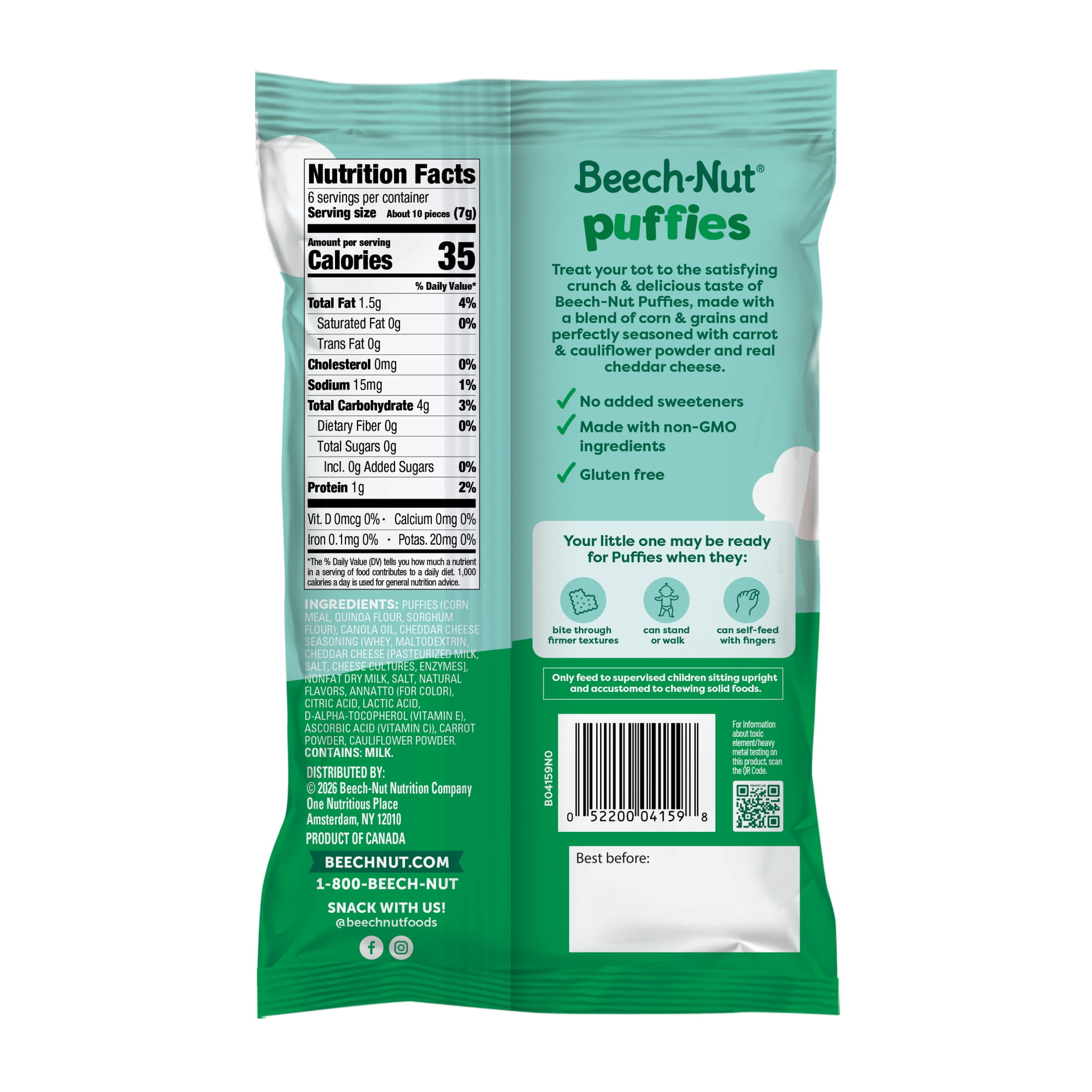 (6 pack) Beech-Nut Puffies Veggie Cheddar Whole Grain Toddler Snack Puffs, 1.48 oz Bag