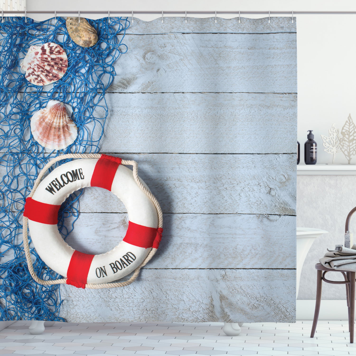 Anchor & Life Buoy Shabby Wall Boards Shower Curtain Bathroom Waterproof Fabric 