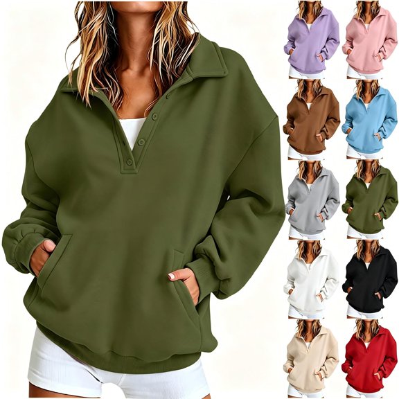 Tqcoqu Women's Buttoned Henley Collar Sweatshirt with Kangaroo Pocket,Long Sleeve Casual Spring Fall Tops,Army Green Women's S-XXL
