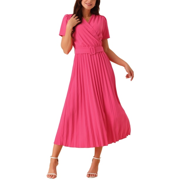 INSPIRE CHIC Vestido Midi Plisado de Manga Corta con Cinturón V en el Cuello Flowy 2024 para Mujeres en Rosa Fucsia S