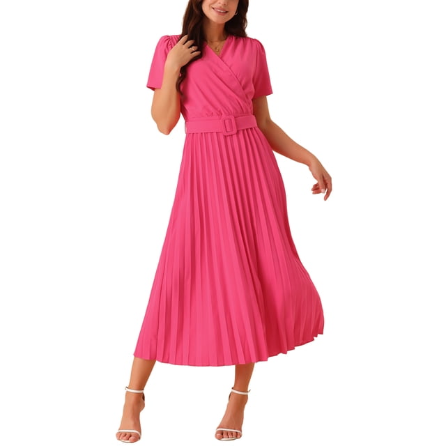 Vestido midi plisado fluido de manga corta envolvente con cinturón para mujer INSPIRE CHIC 2024 en rosa intenso XL