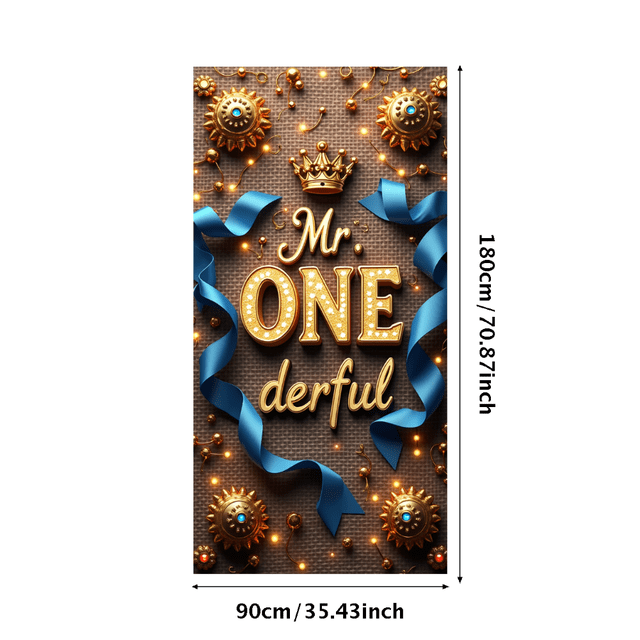 Mr. Onederful First Birthday Backdrop Blue Gold Ribbon Crown Party Decorations Background Banner Celebration Photography Props Baby Shower Decor