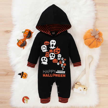 

QISIWOLE Newborn Baby Boys Girls Long Sleeve Happy Halloween Striped Hooded Jumpsuit Clearance !