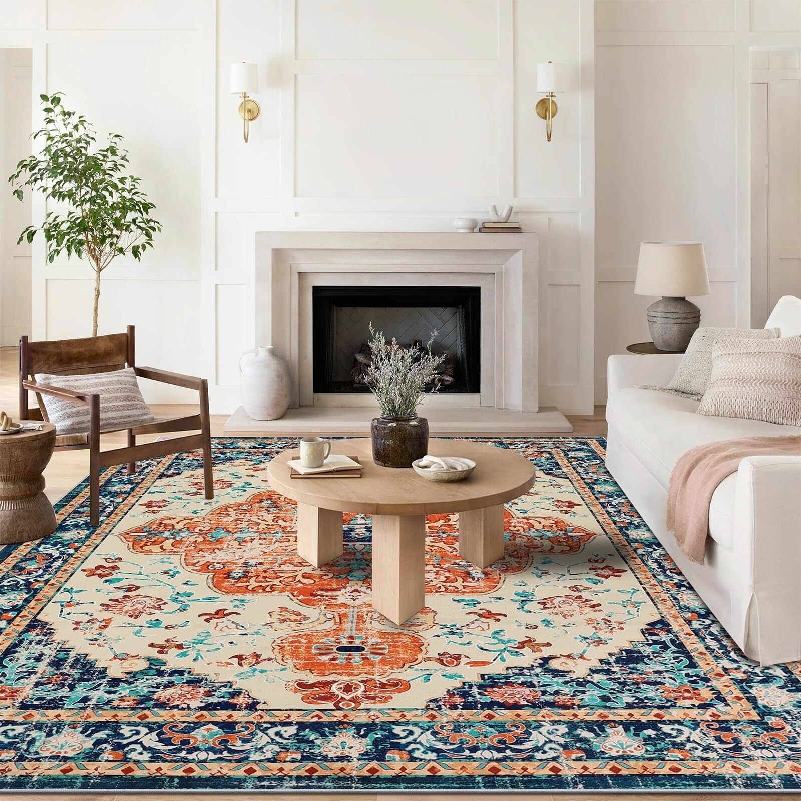 Findosom 8'x10' Vintage Area Rug for Living Room, Machine Washable Rugs Non Slip Distressed Indoor Rug,Large Retro Area Rug Floor Carpet for Bedroom Dining Room Entryway Office Decor,Orange