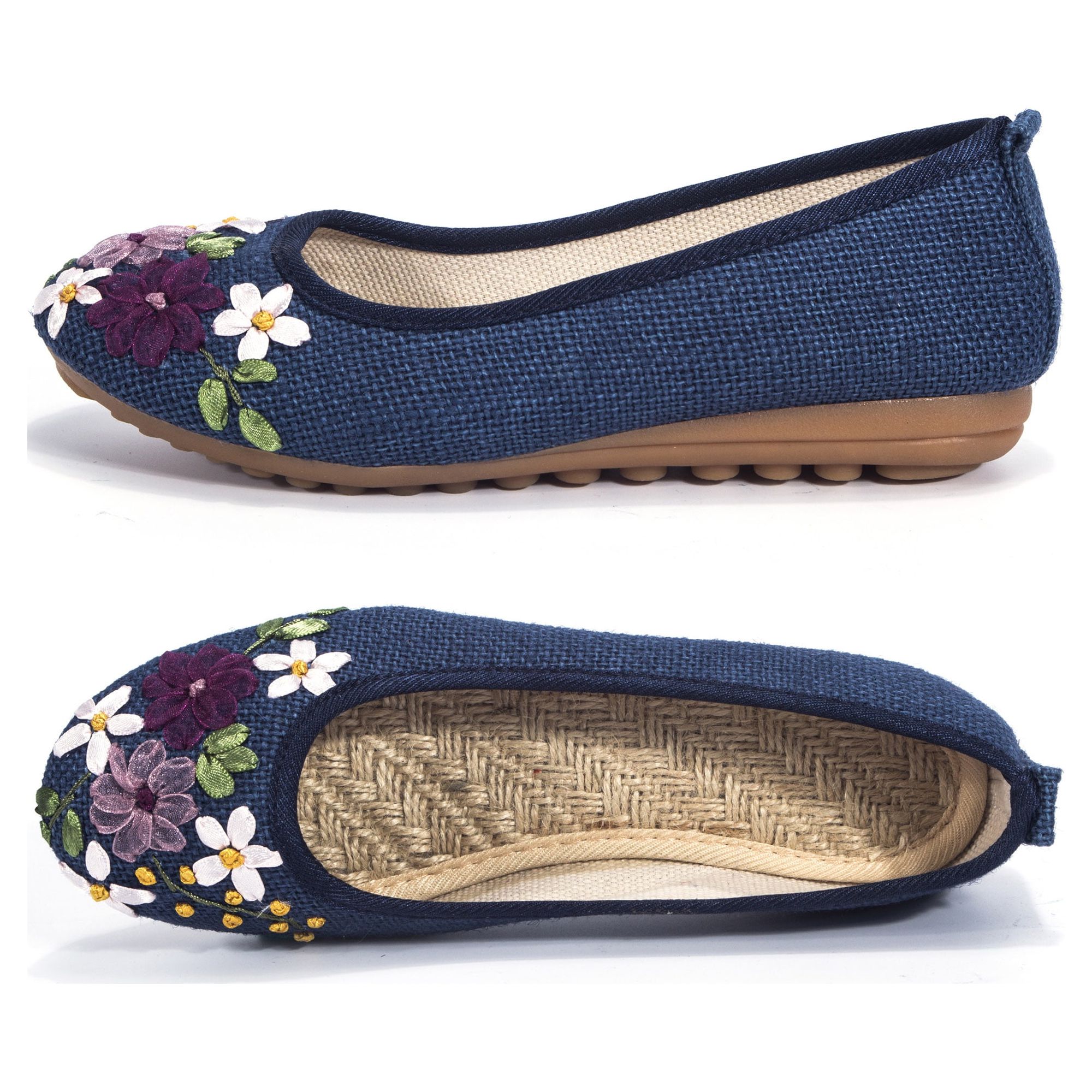 DODOING Women's Casual Fit Flat Office Shoes Non-Slip Flat Walking Shoes with Delicate Embroidery Flower Slip On Flats Shoes Round Toe Ballet Flats (4-10 Size)-Navy Blue - image 3 of 7
