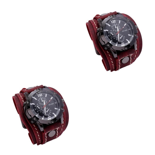 Minnieouse Men Wrist Watches Male Watch Bangles Comfortable Leather Strap Wide for Men 2piezas Rojo