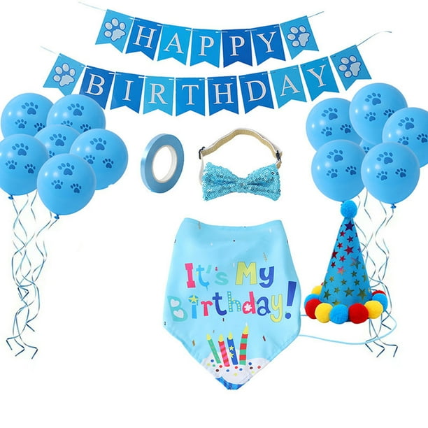 Un conjunto de fiesta de cumpleaños para mascotas, bandera, globo de pata de perro, toalla de baba de cumpleaños, sombrero de cumpleaños, pajarita