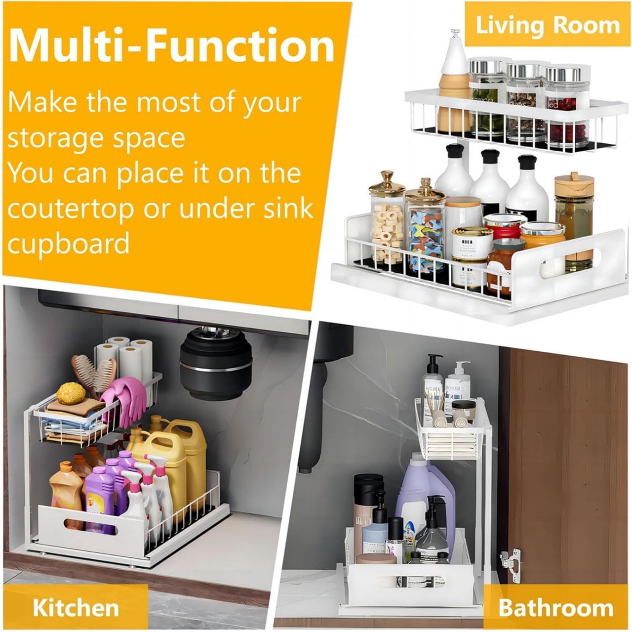 2-Tier L-Shape Under Sink Organizer, Slide Out Metal Kitchen & Bathroom Storage Rack, Kitchen Cabinet Organizer, 1 Pack
