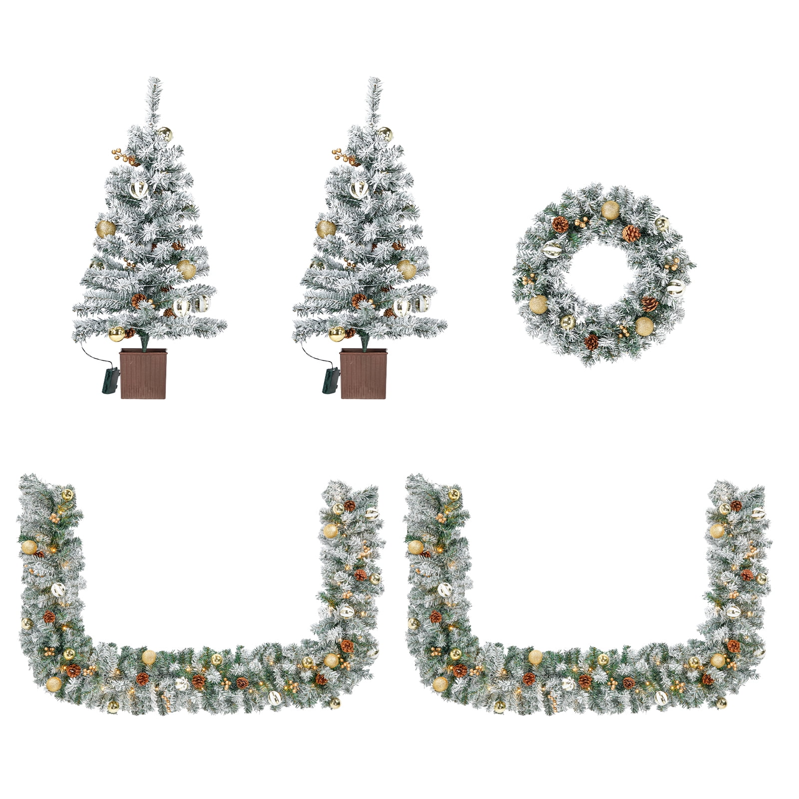 4-Piece Pre-Lit Snow Flocked Christmas Decor Set, 2x3FT Trees 21" Wreath 9FT Garland 230 Warm White LED 8 Modes Remote Control for Indoor Covered Outdoor Entryway Holiday Decor