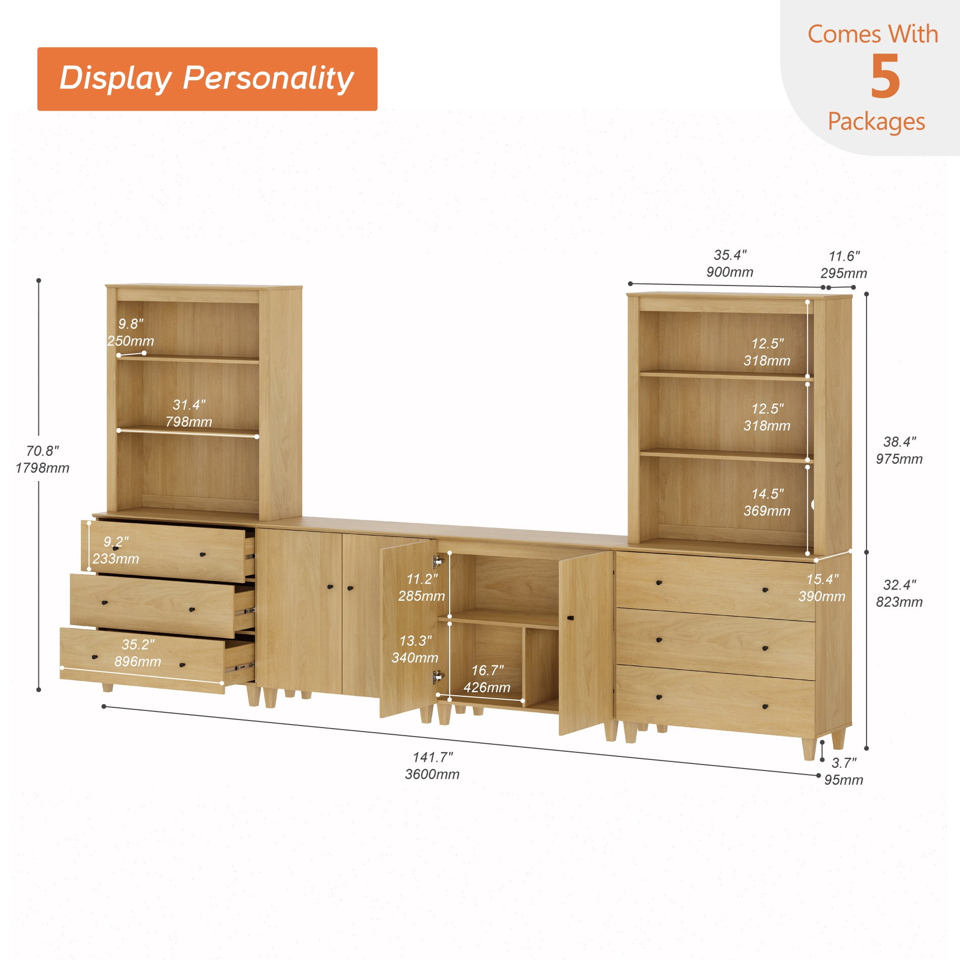 WAMPAT Wall Unit Entertainment Center for 75" TVs with Drawers&Doors, Oak