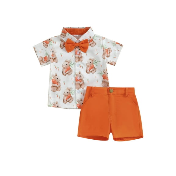 Baby Toddler Boy Outfits Easter Clothes Rabbit Short Sleeve Button Down Shirt Shorts Summer 2Pcs