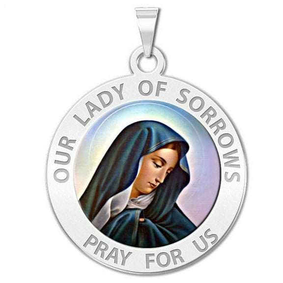 PicturesOnGold.com Our Lady of Sorrows Religious Medal Color Female Adult Necklace Pendants - 3/4 inch Size of a Nickel -Sterling Silver