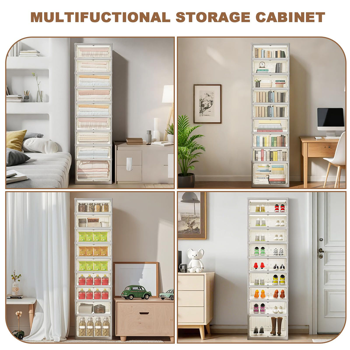 Foldable Storage Box, No Assembly Stackable Shoe Organizer Storage Bin With Magnetic Doors, Clear Collapsible Plastic Shoe Rack Shoe Cabinet
