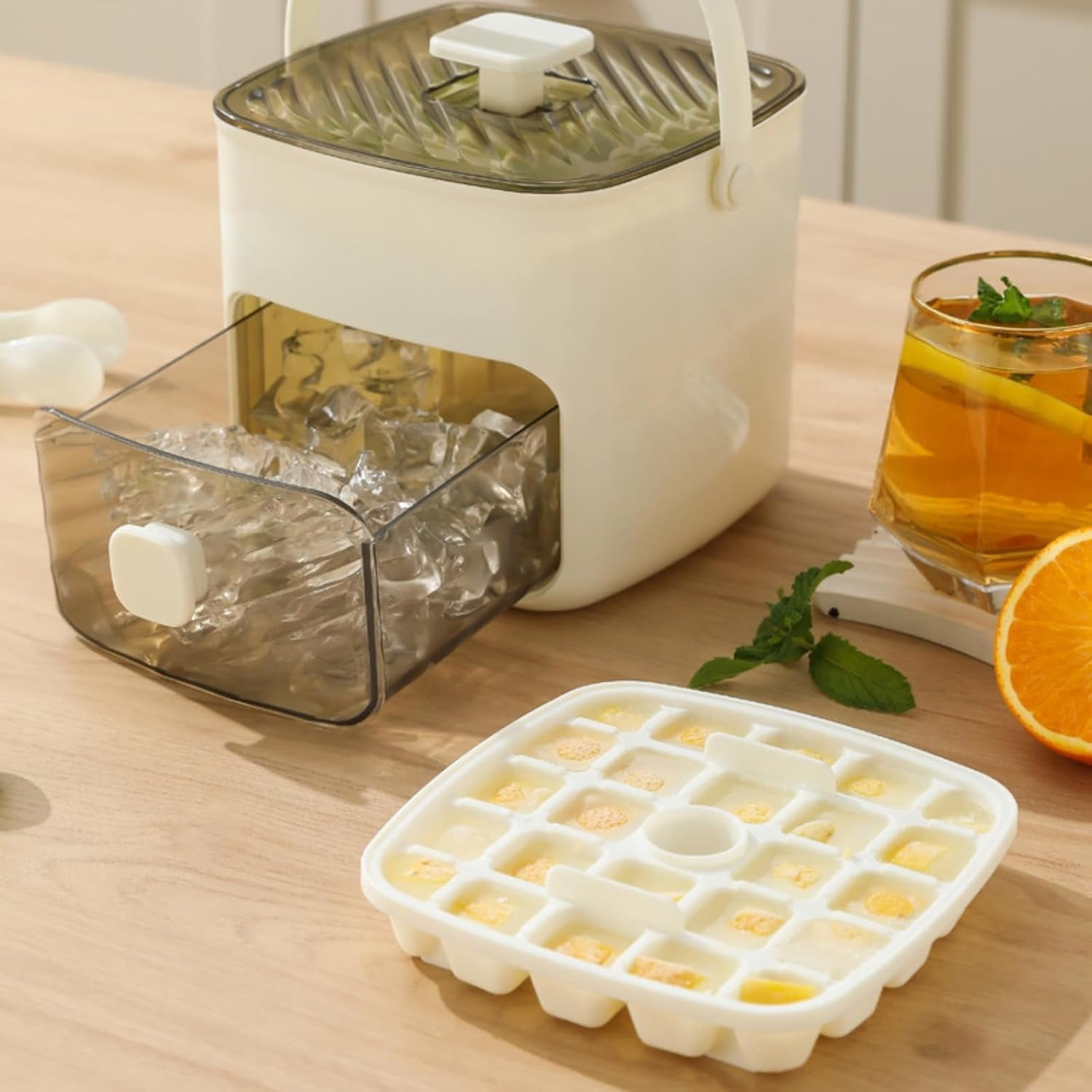 48-Compartment Portable Ice Cube Maker, Hand-Press Ice Tray with Storage Bin, Includes Lid, Bin, and Tongs, for Whiskey, Cocktails, Coffee, Office and Outdoor Use (Green)
