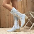 thumbnail image 2 of Denim Cowboy Boots for Women Pointed Toe Western Embroidery Booties Trendy Heeled Mid Calf Cowgirl Boots, 2 of 6
