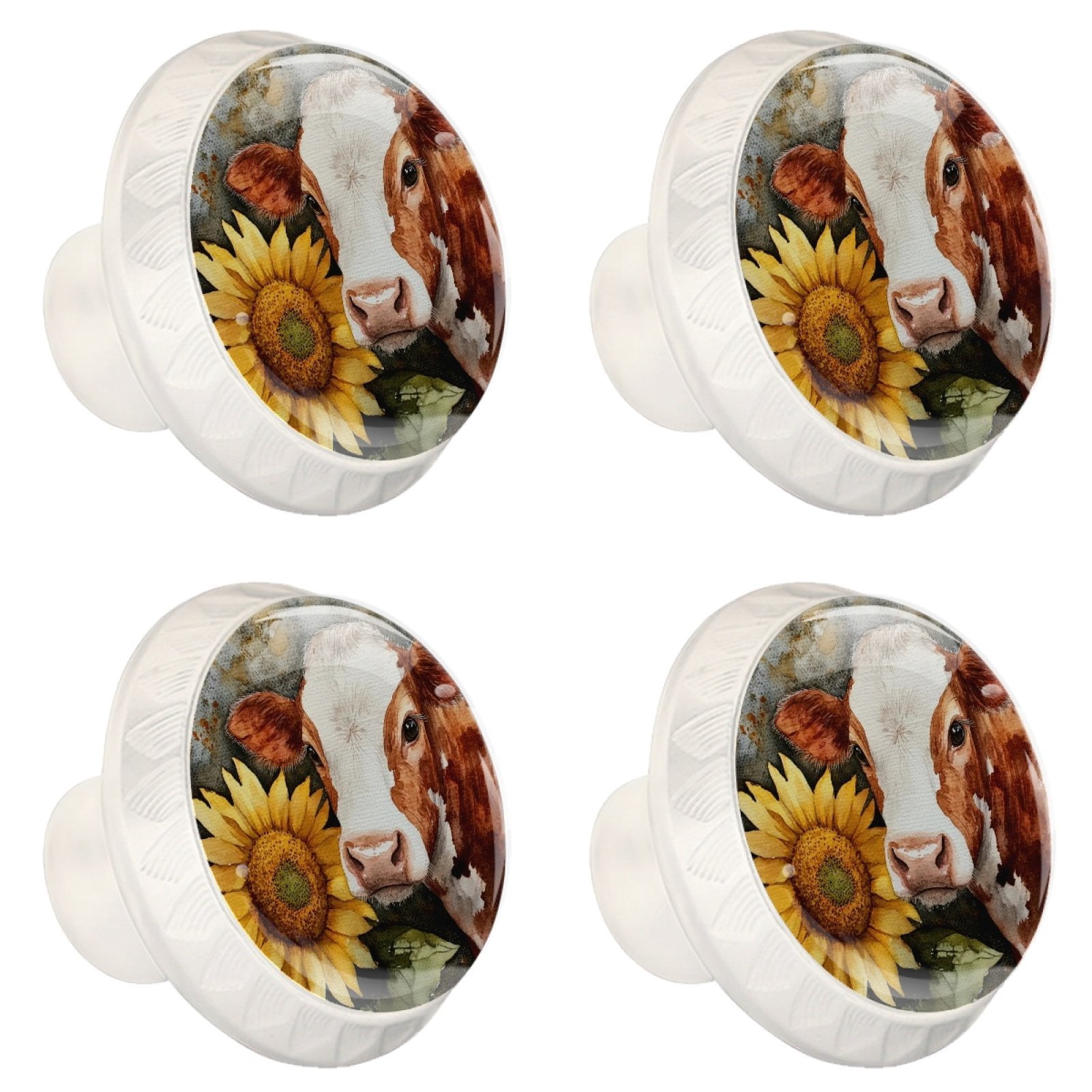 4 Pcs Cow and Sunflower Knobs for Kitchen Cabinet Cupboard Dresser Bookcase Drawer Pulls Handles Round Home Decor