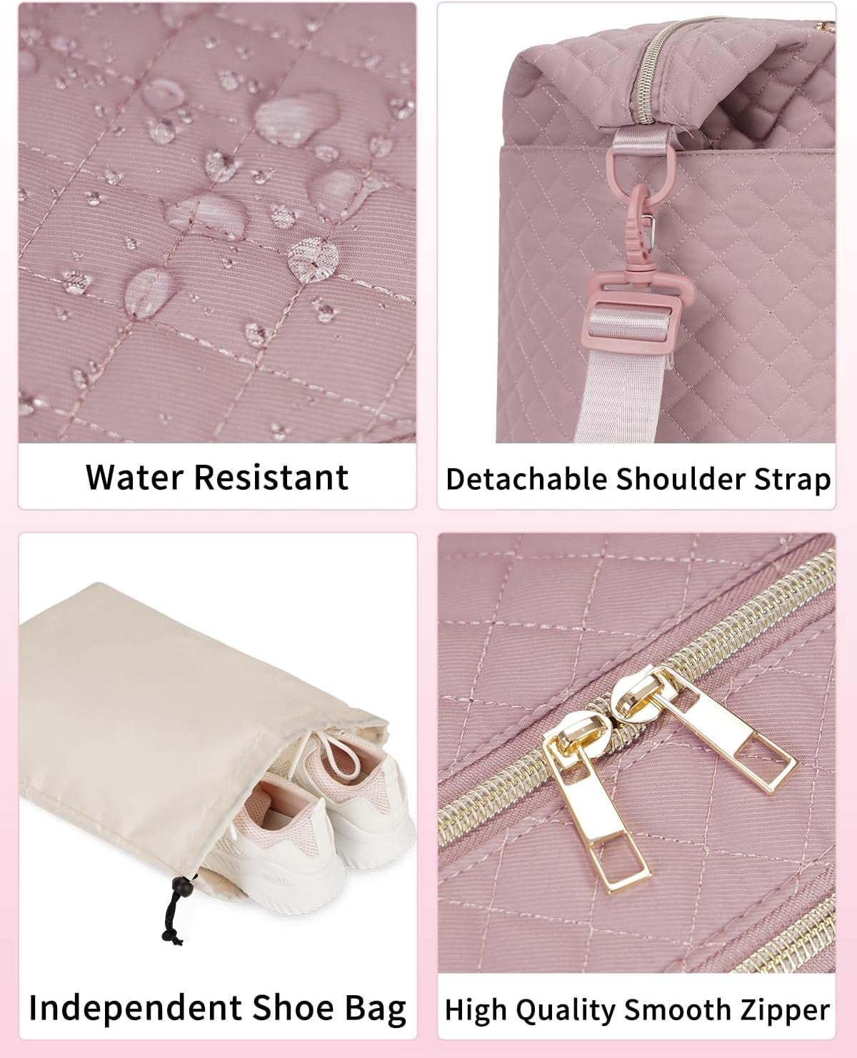 WANDF Travel Duffel Bags with Shoe Bag,Airline Approved Personal Item Bag for Women with Wet Pocket,Trolley Sleeve,Quilted Overnight Weekender Bag for Camping Gym Beach(Pink Bag)