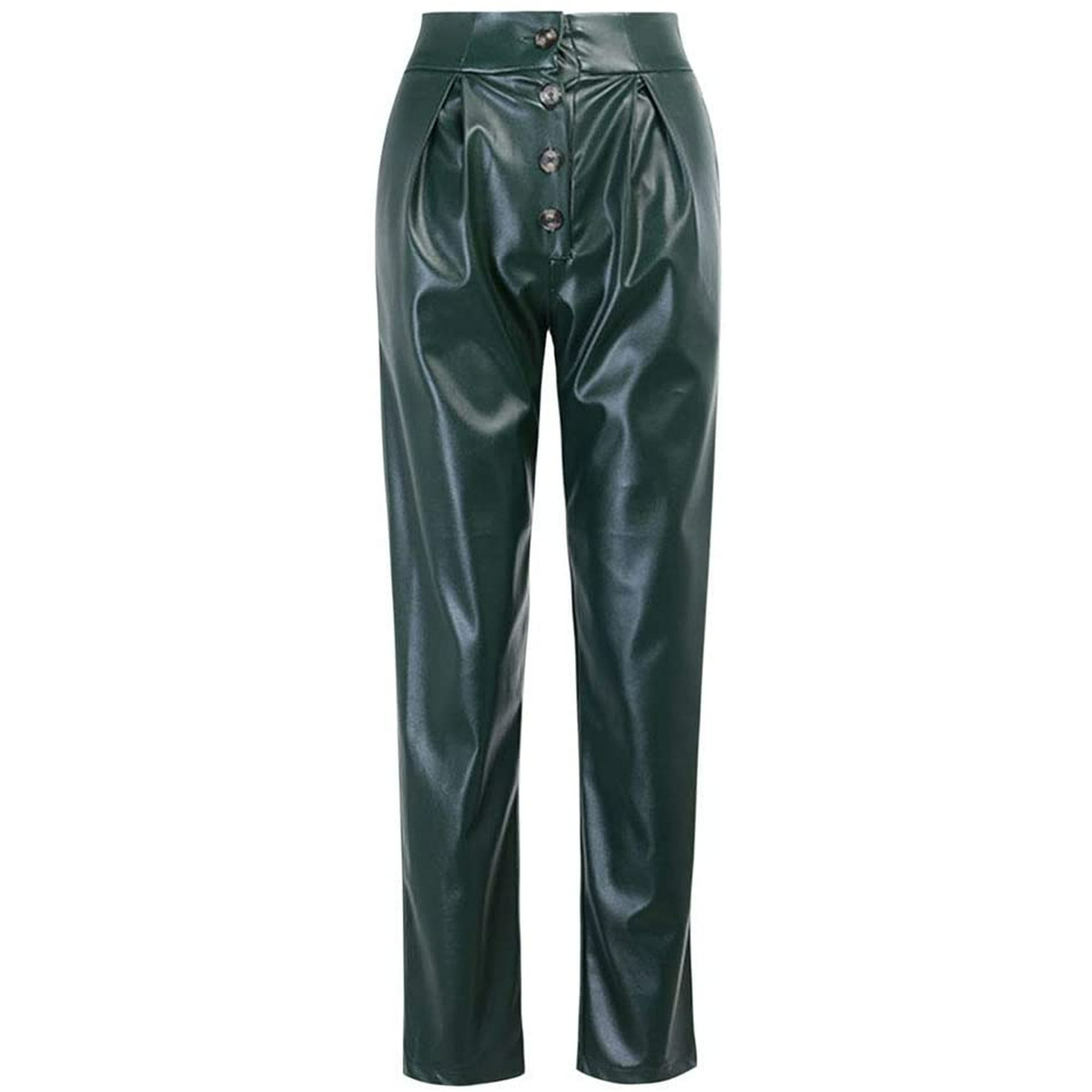 Vintage,Women PU Leather Pants Straight High Waist Pockets Button Closure  Solid Color Street Nightclub Trousers Autumn