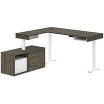 Pemberly Row L Shaped Adjustable Standing Desk with Credenza in Walnut Gray