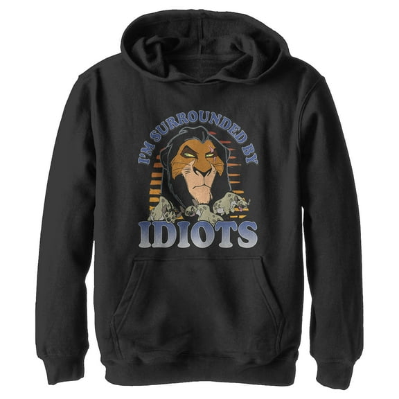 Boy's Lion King Scar Surrounded By Idiots Sunset Pull Over Hoodie Black X Large