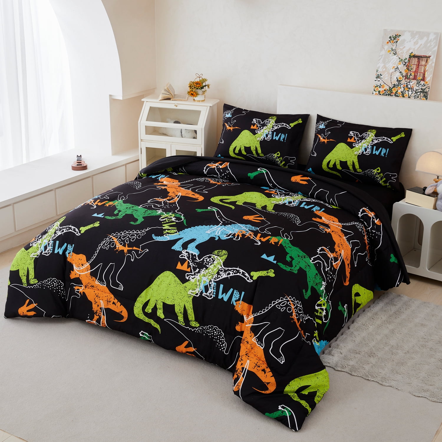 URBONUR 3Pcs Black Dinosaur Queen Comfotrer Set for Boys Kids Teens Colorful Dinosaur Bedding Sets Soft Lightweight Bed Sets with Pillowcases