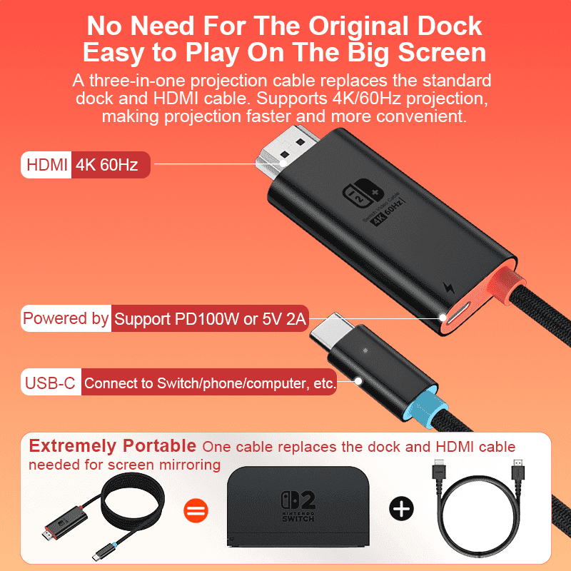 Switch 2 Portable Dock, 6.5ft 4K/60 Hz USB-C to HDMI TV Adapter for Switch 2/Switch OLED/Switch(Black)