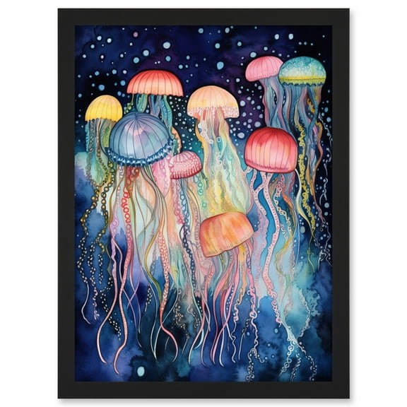 Group Of Jellyfish Multicoloured Folk Art Watercolour Painting Artwork Framed Wall Art Print A4