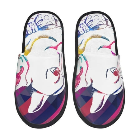 

Honeii Colorful Bulldog Print Furry Slippers Bedroom Slippers for Women and Men Fuzzy Plush Comfy Faux Fur Lined Slide Shoes -Medium