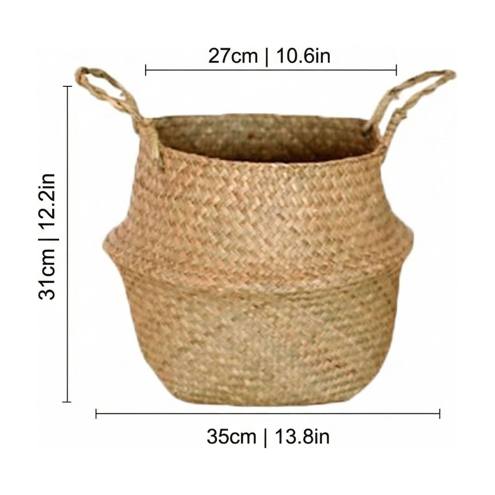 KUNPENG 14" Extra Large Seagrass Belly Basket - 35cm Hand-Woven Natural Wicker Plant Pot Cover, Foldable Storage Bin with Handles for Blankets, Towels, Laundry & Boho Home Decor