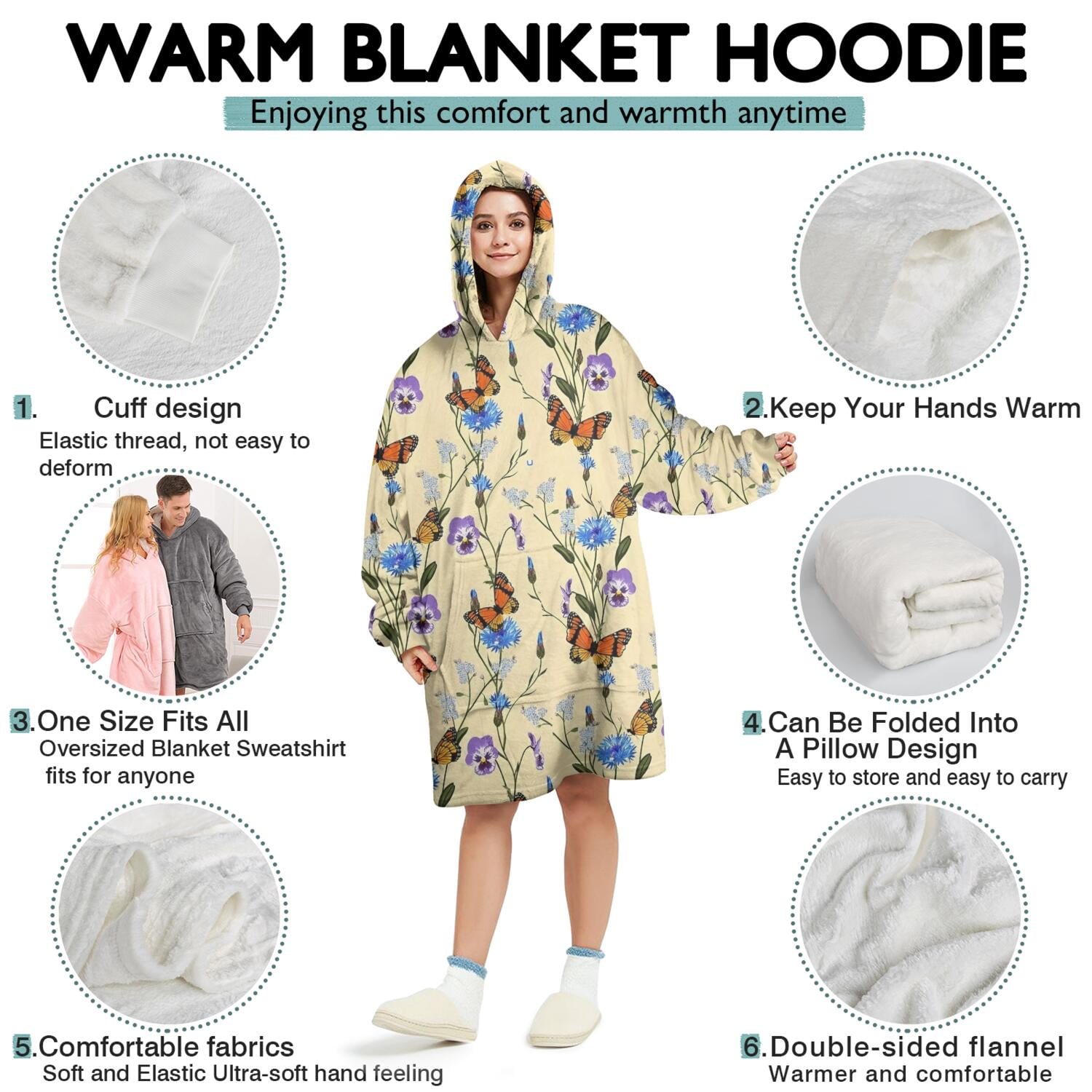 Butterfly Flower Plant Pattern Wearable Oversized Blanket,Wearable Blanket Hoodie for Adults,Cozy Hooded Blankets with Super Pockets,Super Warm Fuzzy Pullover for Women & Men