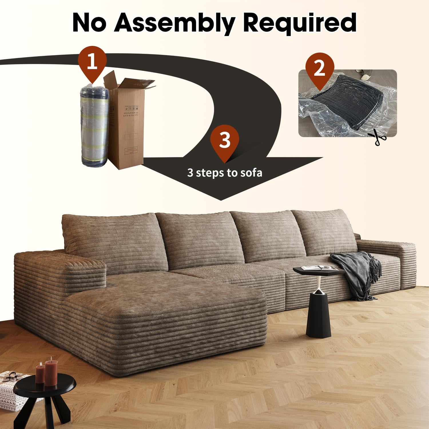 Demi Bonn 135" Modern L-Shape Cloud Sectional Couch with Chaise, Deep Seat, Cozy Upholstered Sofa for Living Room & Bedroom, No Assembly, Beige