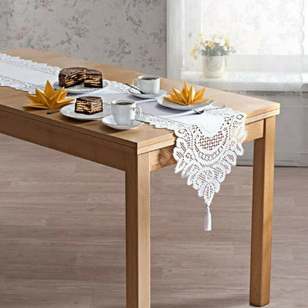 

Yannee 1 Pcs Vintage Hand Knitted Floral Lace Table Runner Tasseled Edge Wedding Party Decor White