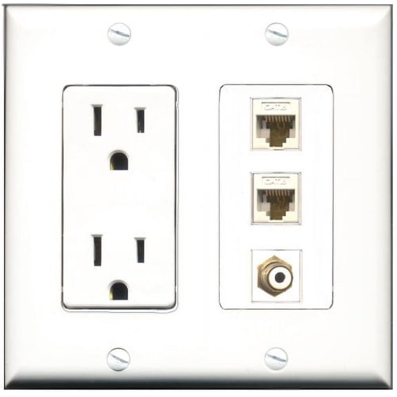 RiteAV - 15 Amp Power Outlet 1 Port RCA White 1 Port RCA Yellow 1 Port Cat6 Ethernet Ethernet White Decorative Wall Plate