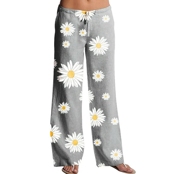 Xuanfei Women Daisy Graphic Print Midi-Waisted Wide Leg Long Pants