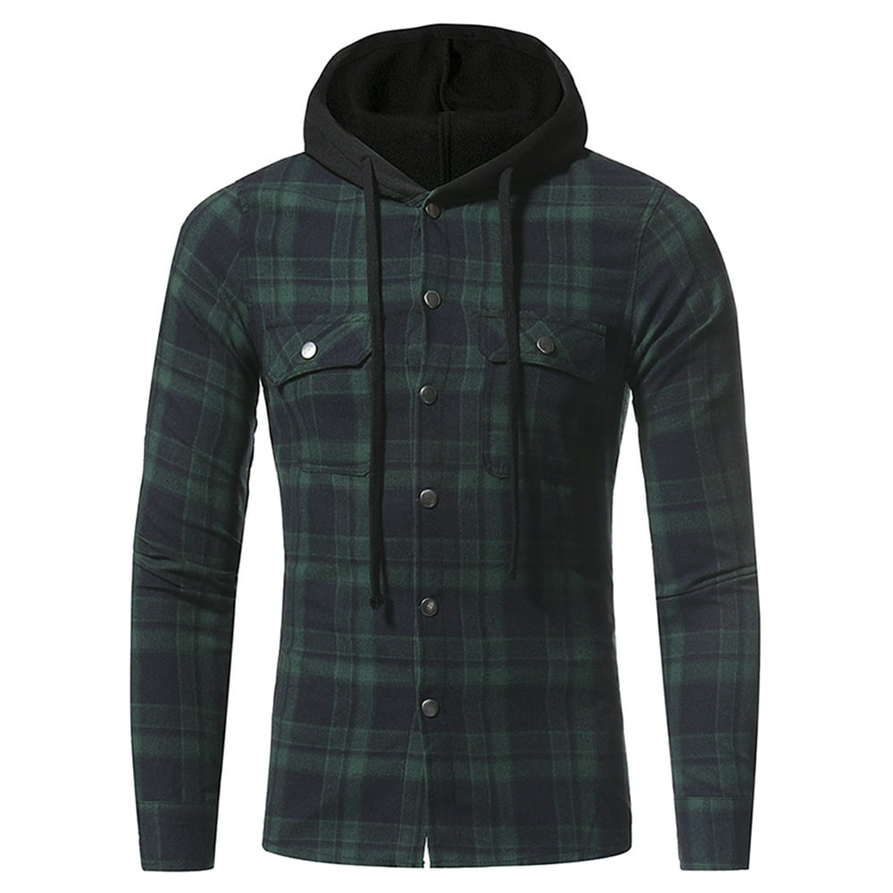 Akoyovwerve - Men's Flannel Plaid Double Pockets Hooded Shirt Casual ...