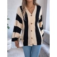 thumbnail image 2 of Women'S Autumn and Winter Contrast Striped Trumpet Sleeve Cardigan Sweater Mid-Length Coat Khaki M, 2 of 8